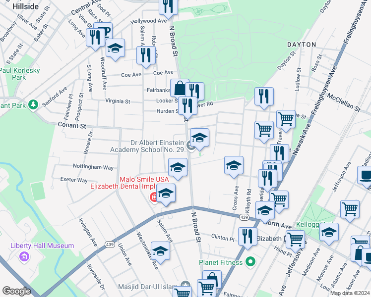 map of restaurants, bars, coffee shops, grocery stores, and more near 13 Queen Court in Hillside