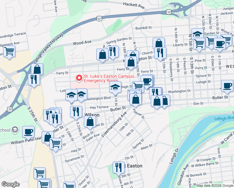 map of restaurants, bars, coffee shops, grocery stores, and more near 1845 Washington Boulevard in Easton