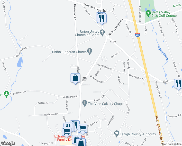 map of restaurants, bars, coffee shops, grocery stores, and more near 5409 Pennsylvania 873 in Schnecksville