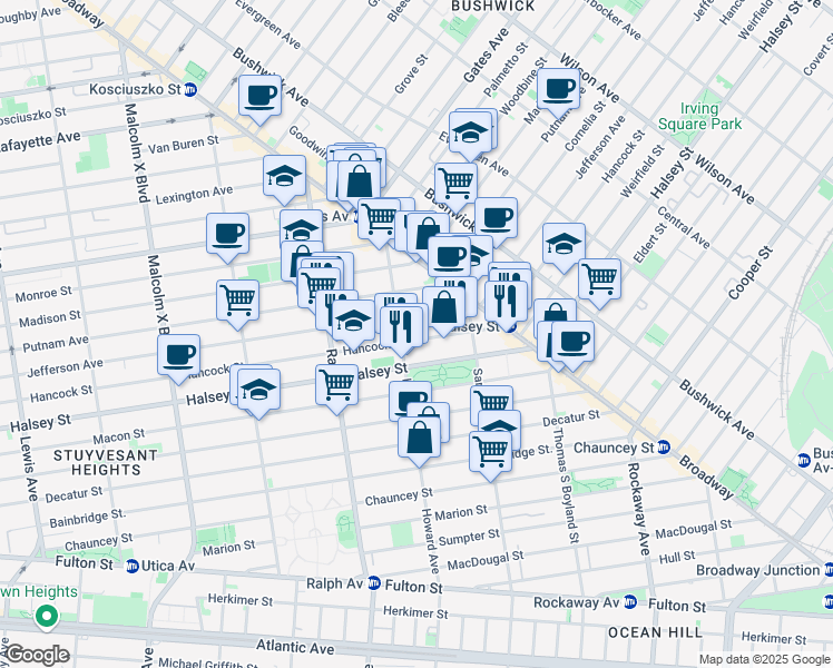 map of restaurants, bars, coffee shops, grocery stores, and more near 883 Hancock Street in Brooklyn