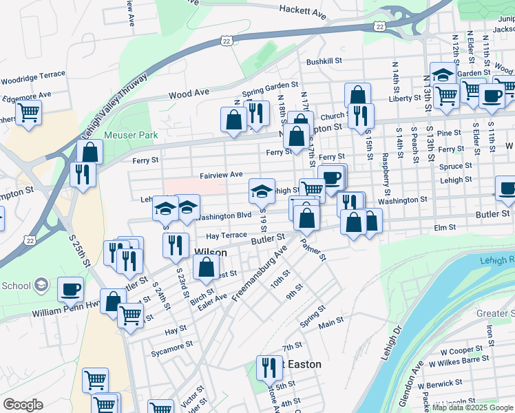 map of restaurants, bars, coffee shops, grocery stores, and more near 1845 Washington Boulevard in Easton