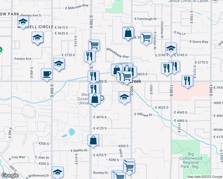 map of restaurants, bars, coffee shops, grocery stores, and more near 3938 South 805 East Street in Millcreek