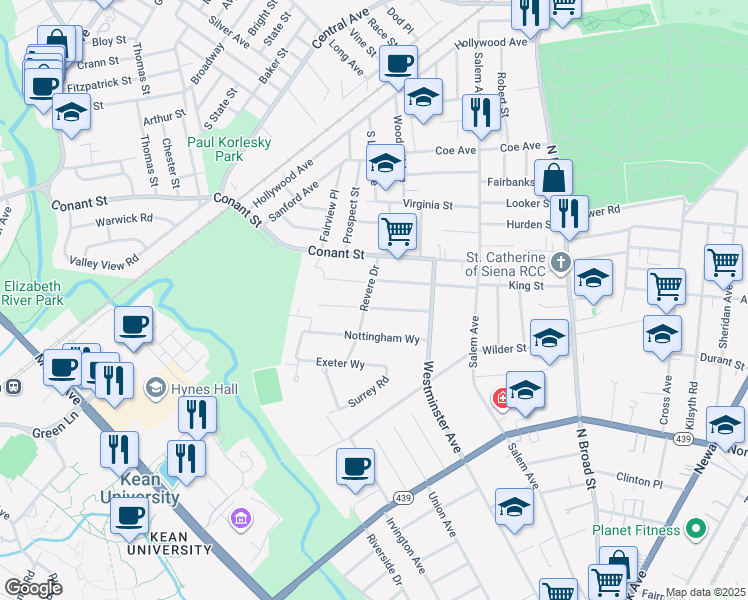 map of restaurants, bars, coffee shops, grocery stores, and more near 941 Revere Drive in Hillside