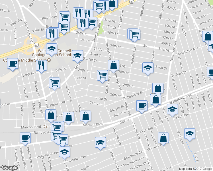 map of restaurants, bars, coffee shops, grocery stores, and more near 375 Catskill Avenue in Copiague