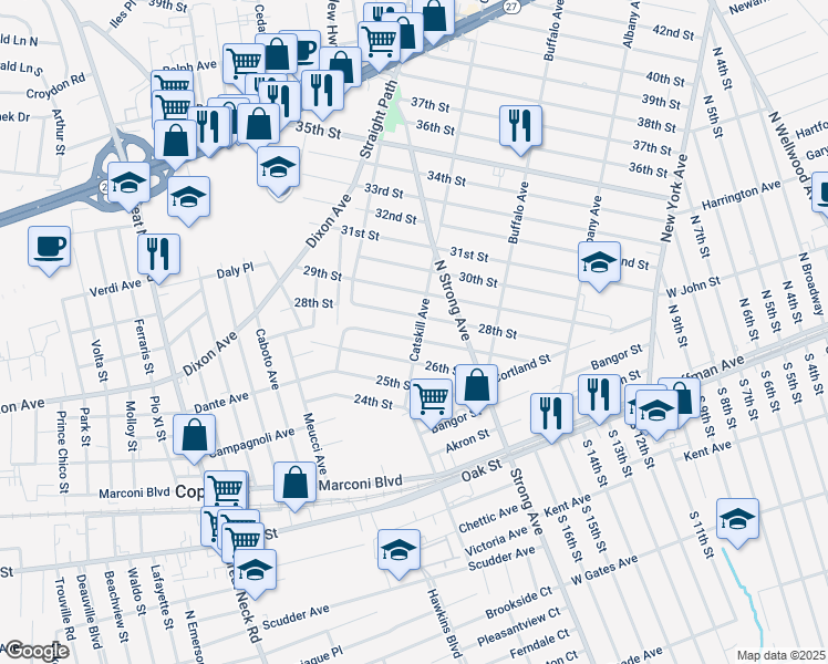 map of restaurants, bars, coffee shops, grocery stores, and more near 375 Catskill Avenue in Copiague