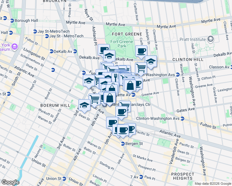 map of restaurants, bars, coffee shops, grocery stores, and more near 116 South Elliott Place in Brooklyn
