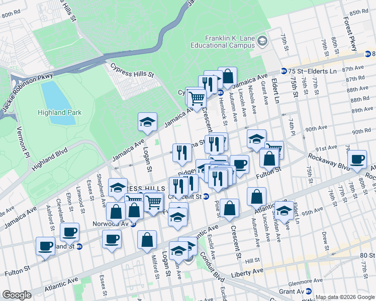 map of restaurants, bars, coffee shops, grocery stores, and more near 106 Euclid Avenue in Brooklyn