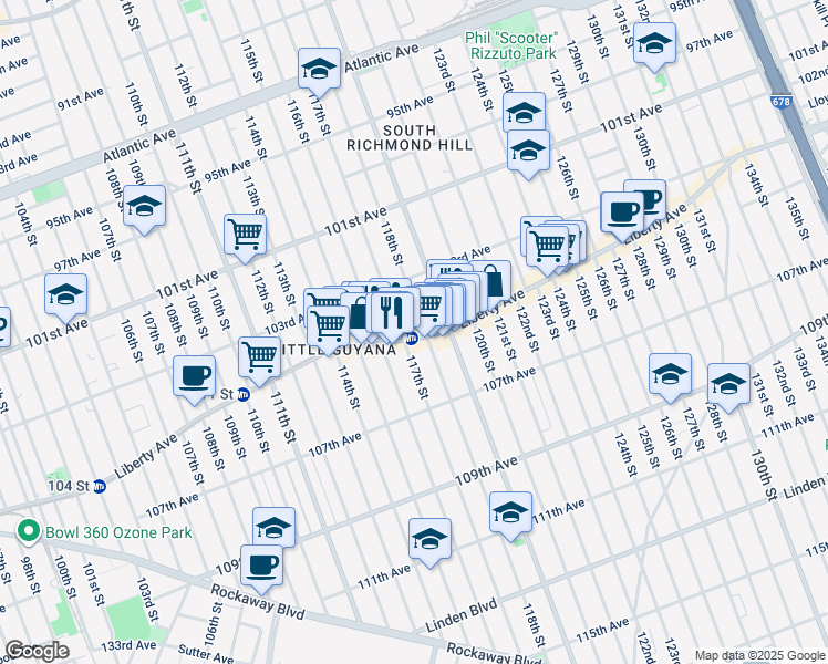 map of restaurants, bars, coffee shops, grocery stores, and more near 117-11 Liberty Avenue in Queens