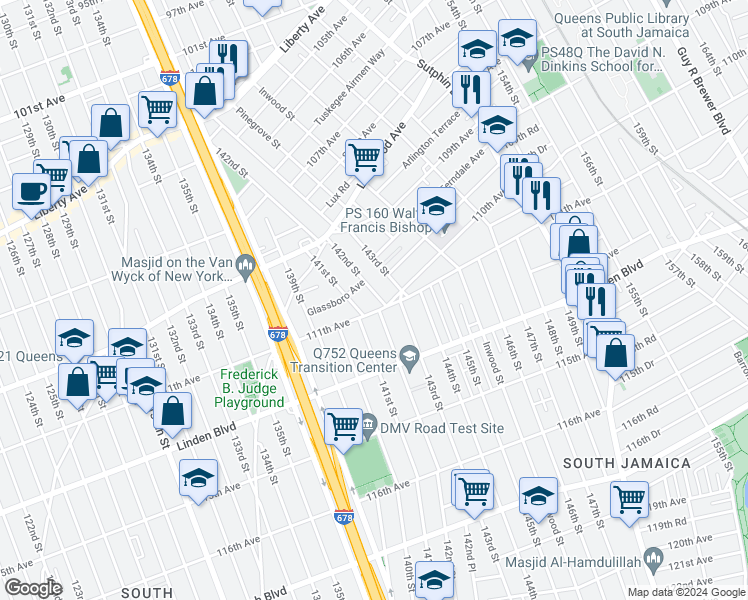 map of restaurants, bars, coffee shops, grocery stores, and more near 109-88 142nd Street in Queens