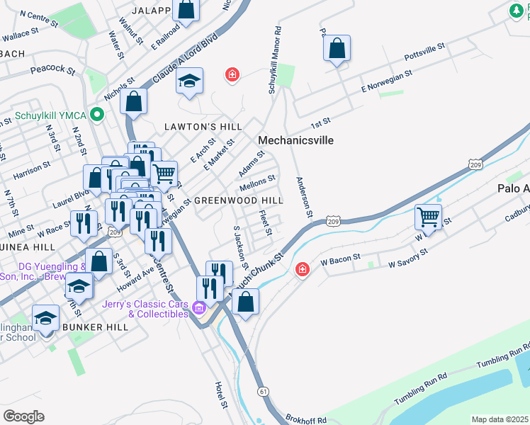 map of restaurants, bars, coffee shops, grocery stores, and more near 601 Ridge Avenue in Pottsville