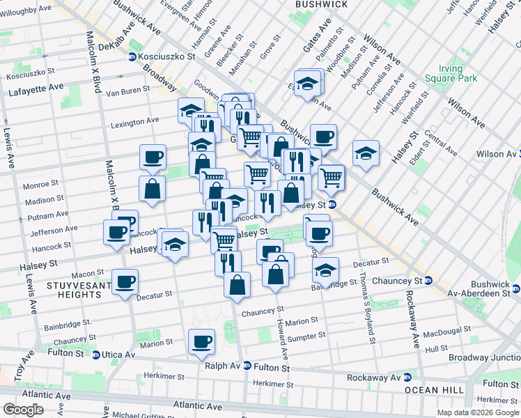 map of restaurants, bars, coffee shops, grocery stores, and more near 851 Hancock Street in Brooklyn