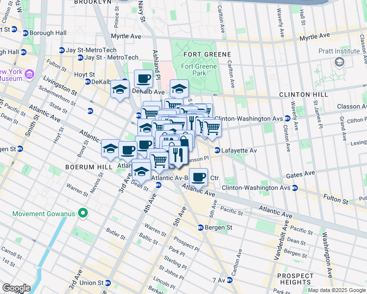 map of restaurants, bars, coffee shops, grocery stores, and more near 112 Fort Greene Place in Brooklyn