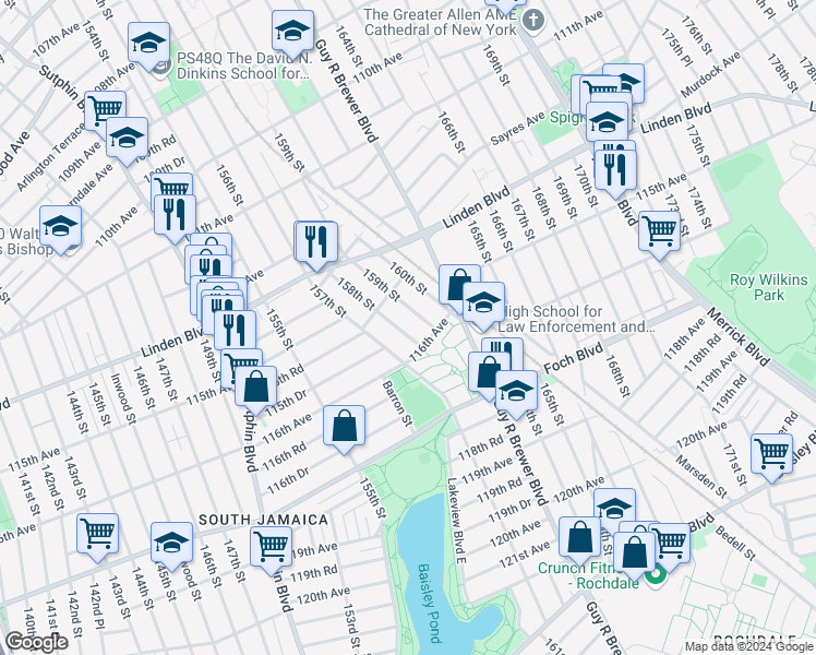 map of restaurants, bars, coffee shops, grocery stores, and more near 115-37 158th Street in Queens