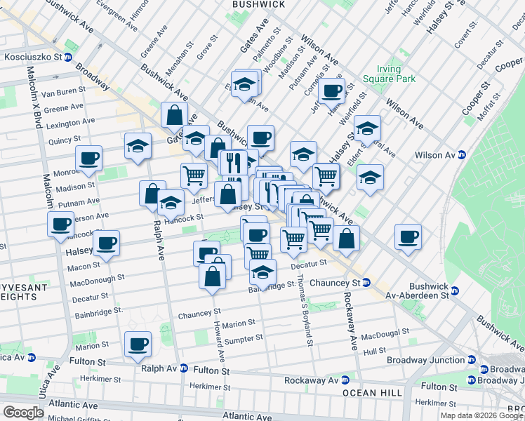 map of restaurants, bars, coffee shops, grocery stores, and more near 960 Hancock Street in Brooklyn