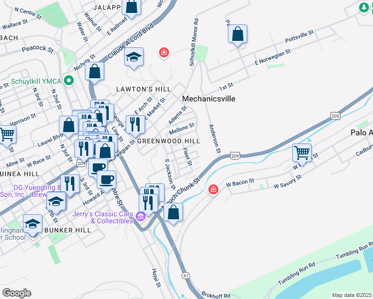 map of restaurants, bars, coffee shops, grocery stores, and more near 601 Ridge Avenue in Pottsville