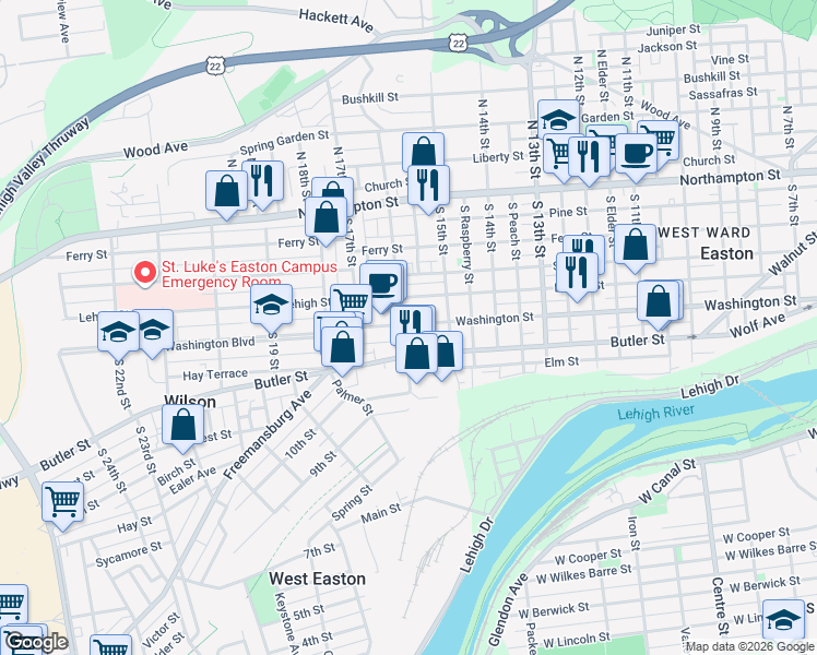 map of restaurants, bars, coffee shops, grocery stores, and more near 1614 Washington Boulevard in Easton