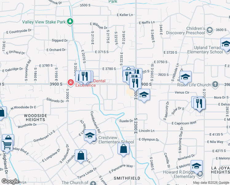 map of restaurants, bars, coffee shops, grocery stores, and more near 3941 South 2175 East in Holladay