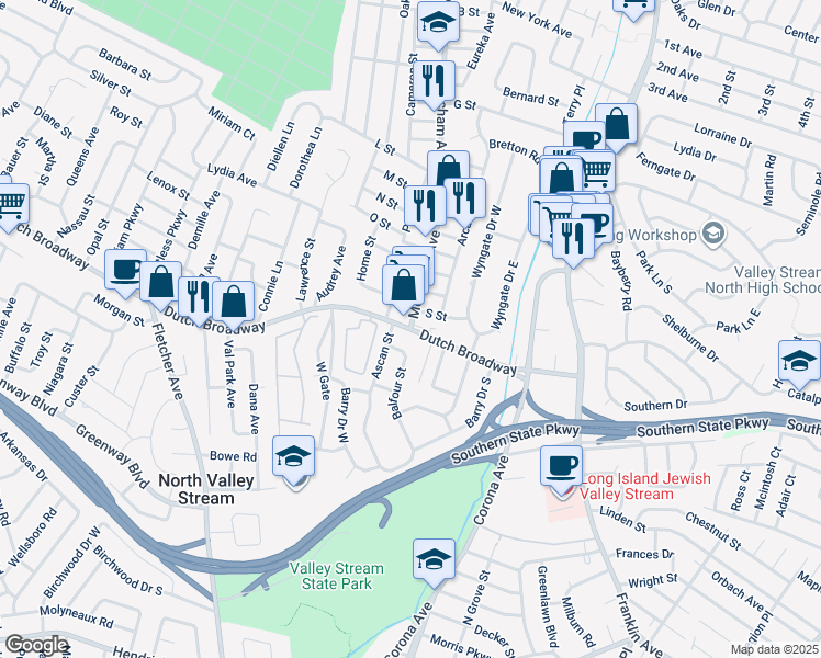 map of restaurants, bars, coffee shops, grocery stores, and more near Dutch Broadway & Meacham Ave in Elmont