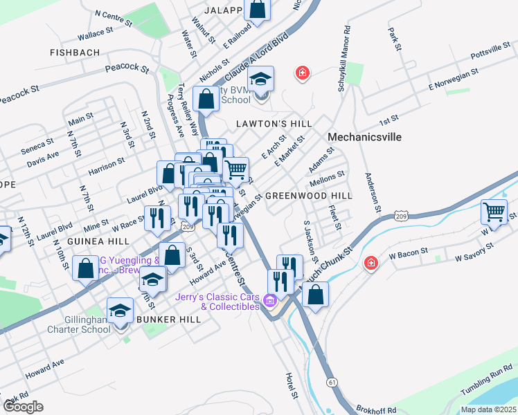 map of restaurants, bars, coffee shops, grocery stores, and more near 331 East Norwegian Street in Pottsville