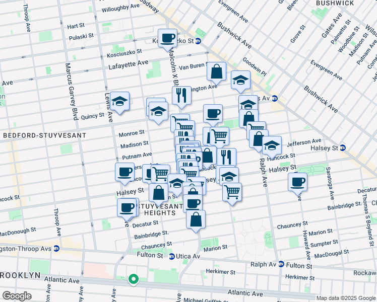 map of restaurants, bars, coffee shops, grocery stores, and more near 199 Malcolm X Boulevard in Brooklyn