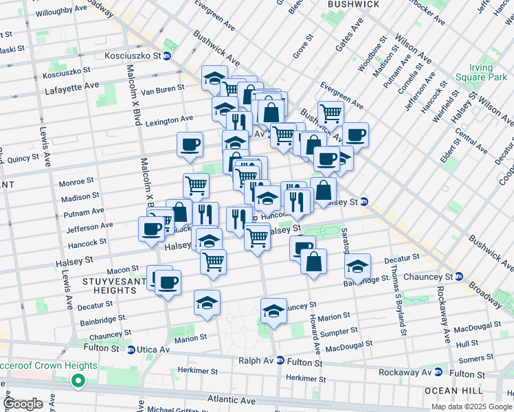 map of restaurants, bars, coffee shops, grocery stores, and more near 111 Ralph Avenue in Brooklyn