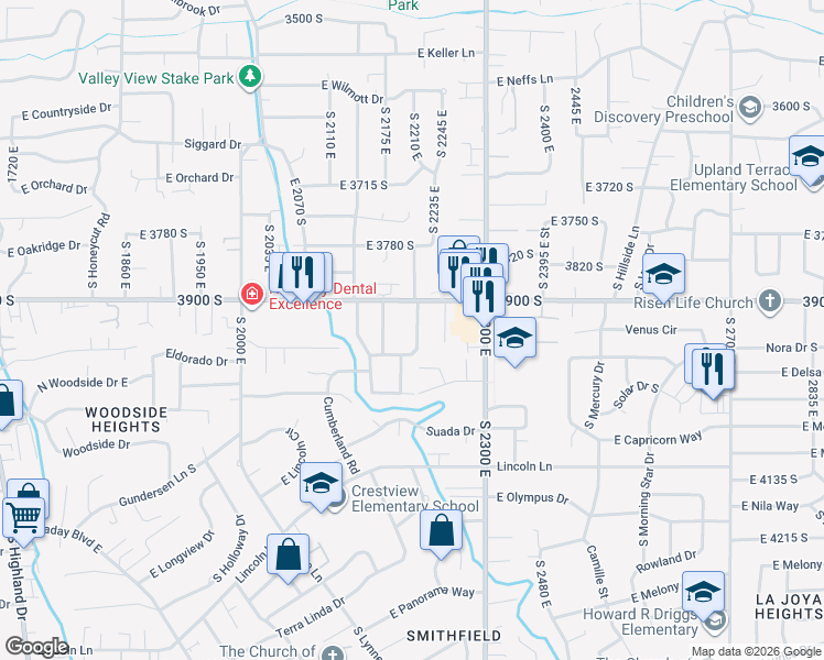 map of restaurants, bars, coffee shops, grocery stores, and more near 3941 South 2175 East in Holladay