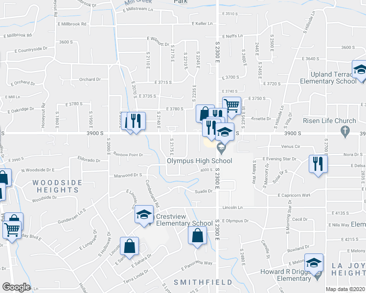 map of restaurants, bars, coffee shops, grocery stores, and more near 3941 South 2175 East in Holladay