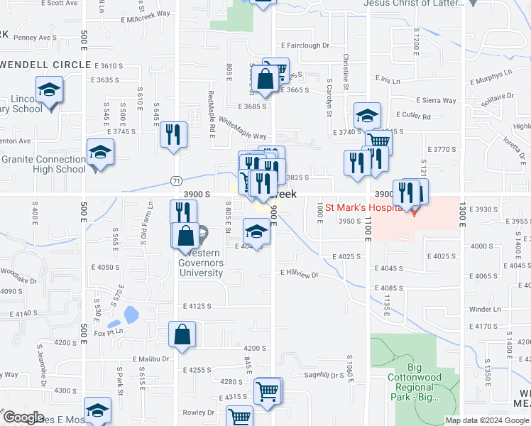 map of restaurants, bars, coffee shops, grocery stores, and more near 894 East 3900 South in Millcreek