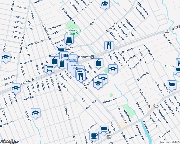 map of restaurants, bars, coffee shops, grocery stores, and more near 180 Travis Street in Lindenhurst