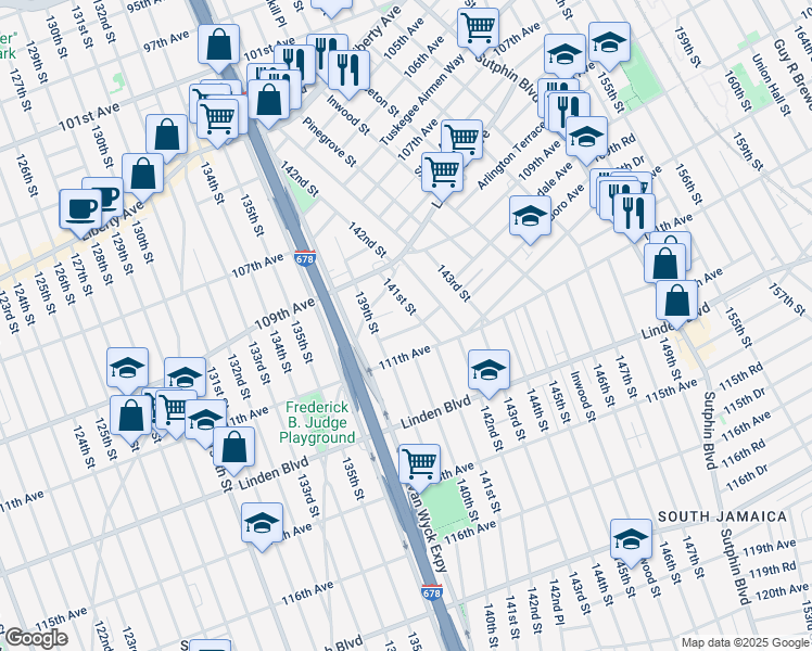 map of restaurants, bars, coffee shops, grocery stores, and more near 13934 Glassboro Avenue in Queens