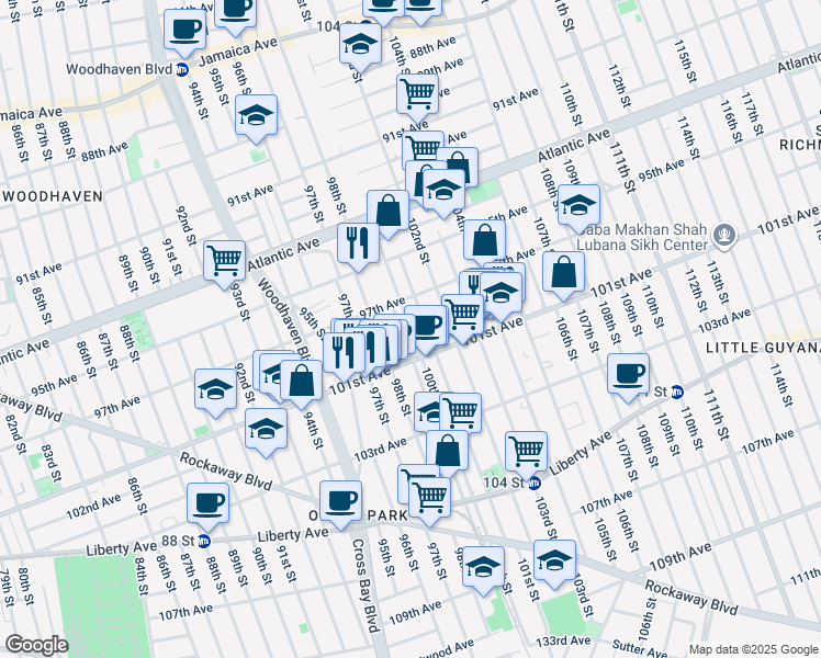 map of restaurants, bars, coffee shops, grocery stores, and more near 97-40 101st Street in Queens