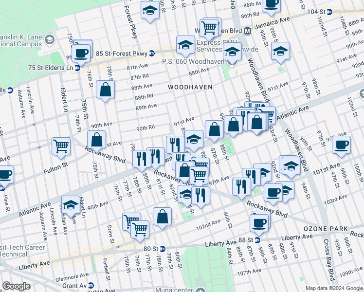 map of restaurants, bars, coffee shops, grocery stores, and more near in Queens