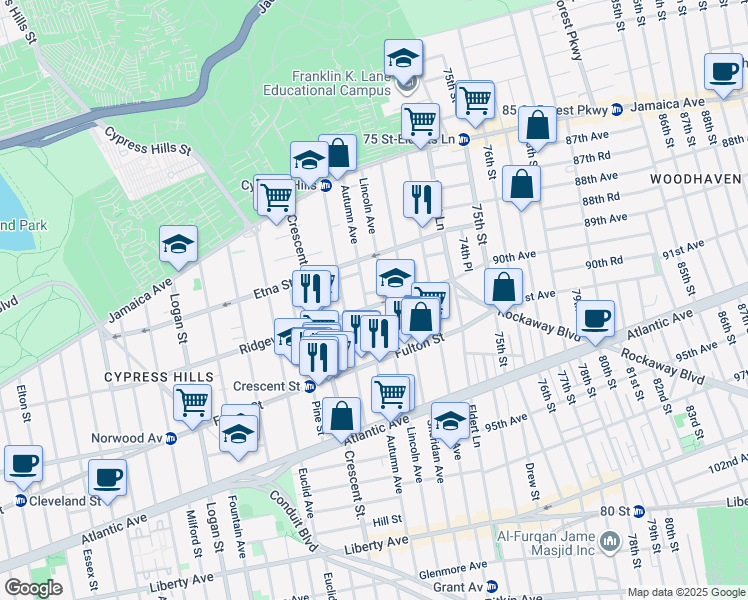 map of restaurants, bars, coffee shops, grocery stores, and more near 493 Ridgewood Avenue in Brooklyn