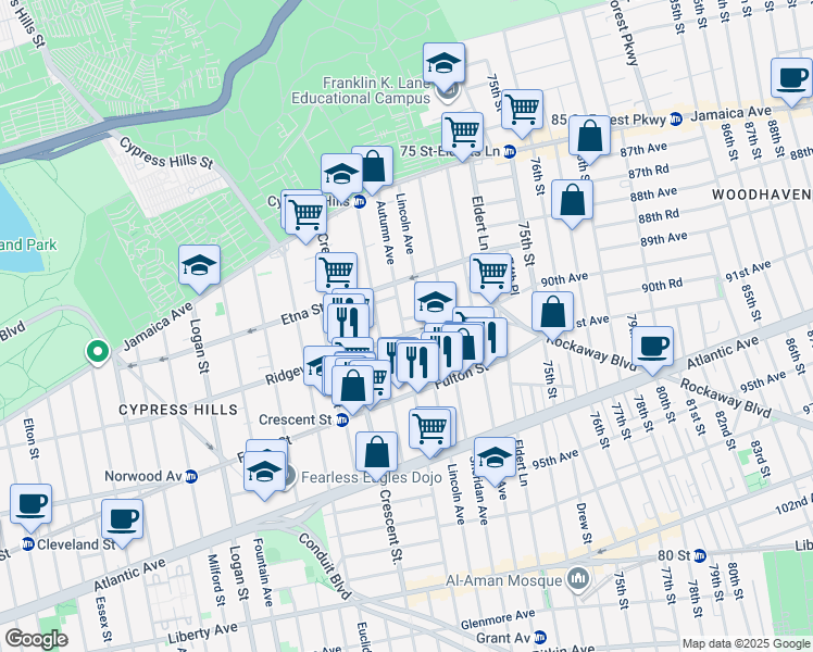 map of restaurants, bars, coffee shops, grocery stores, and more near 493 Ridgewood Avenue in Brooklyn