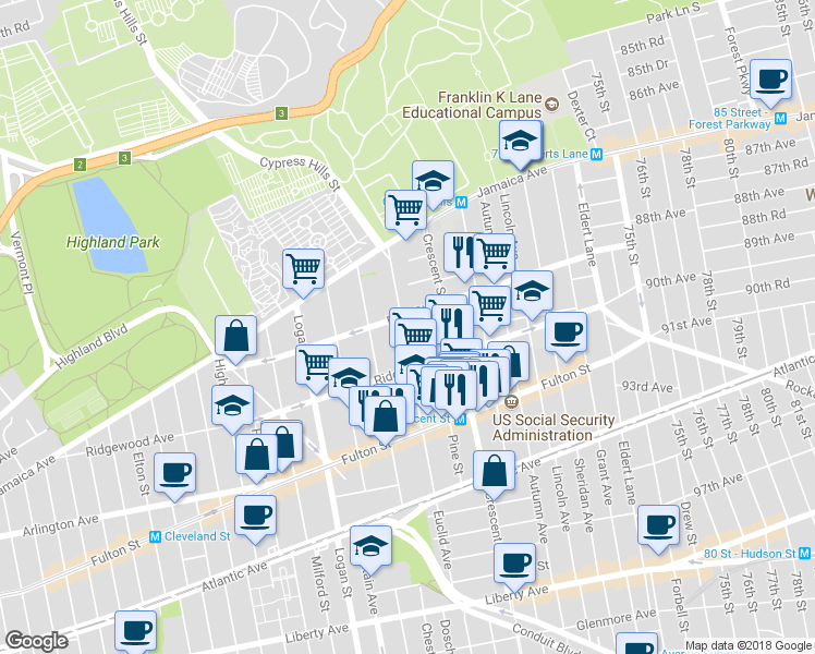 map of restaurants, bars, coffee shops, grocery stores, and more near 106 Euclid Avenue in Brooklyn