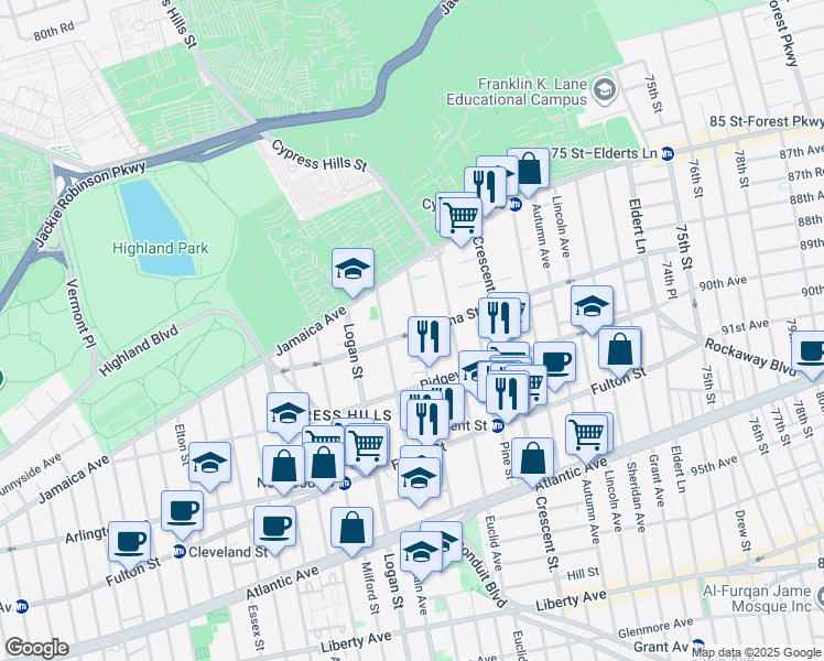 map of restaurants, bars, coffee shops, grocery stores, and more near 196 Etna Street in Brooklyn