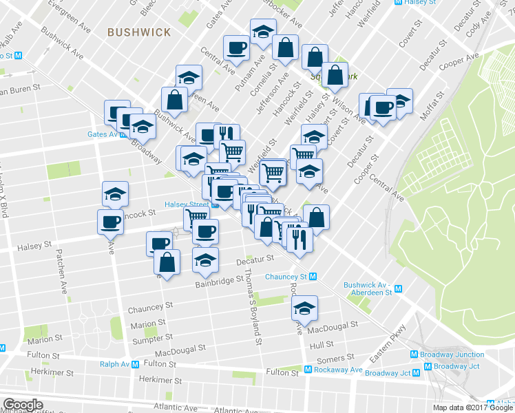 map of restaurants, bars, coffee shops, grocery stores, and more near 25 Eldert Street in Brooklyn