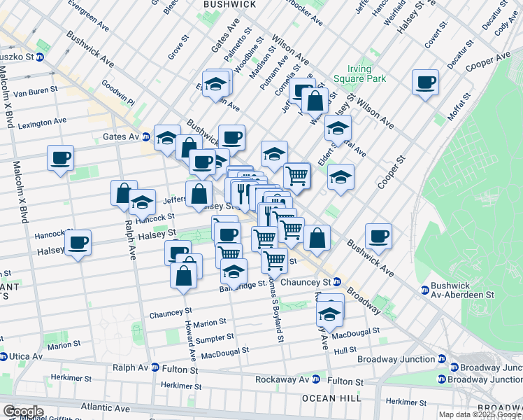 map of restaurants, bars, coffee shops, grocery stores, and more near 1567 Broadway in Brooklyn