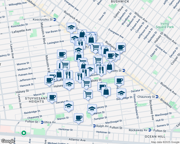 map of restaurants, bars, coffee shops, grocery stores, and more near 119 Ralph Avenue in Brooklyn