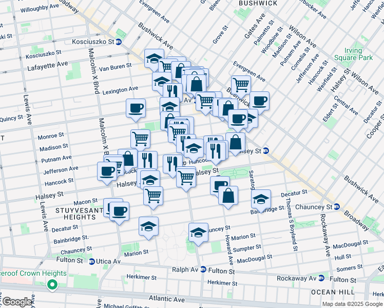 map of restaurants, bars, coffee shops, grocery stores, and more near 119 Ralph Avenue in Brooklyn