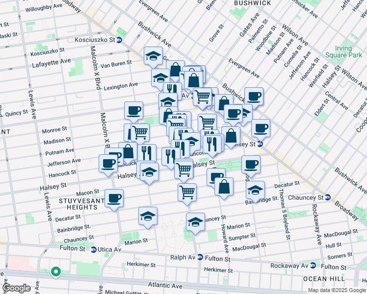 map of restaurants, bars, coffee shops, grocery stores, and more near 119 Ralph Avenue in Brooklyn