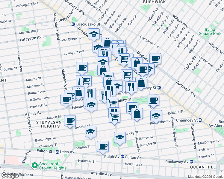 map of restaurants, bars, coffee shops, grocery stores, and more near 119 Ralph Avenue in Brooklyn