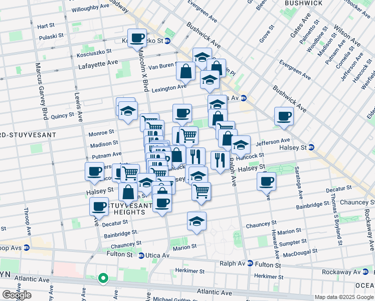 map of restaurants, bars, coffee shops, grocery stores, and more near 769 Jefferson Avenue in Brooklyn