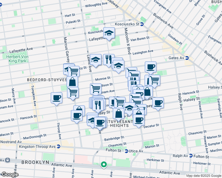 map of restaurants, bars, coffee shops, grocery stores, and more near 703 Putnam Avenue in Brooklyn
