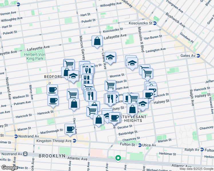 map of restaurants, bars, coffee shops, grocery stores, and more near 538 Madison Street in Brooklyn