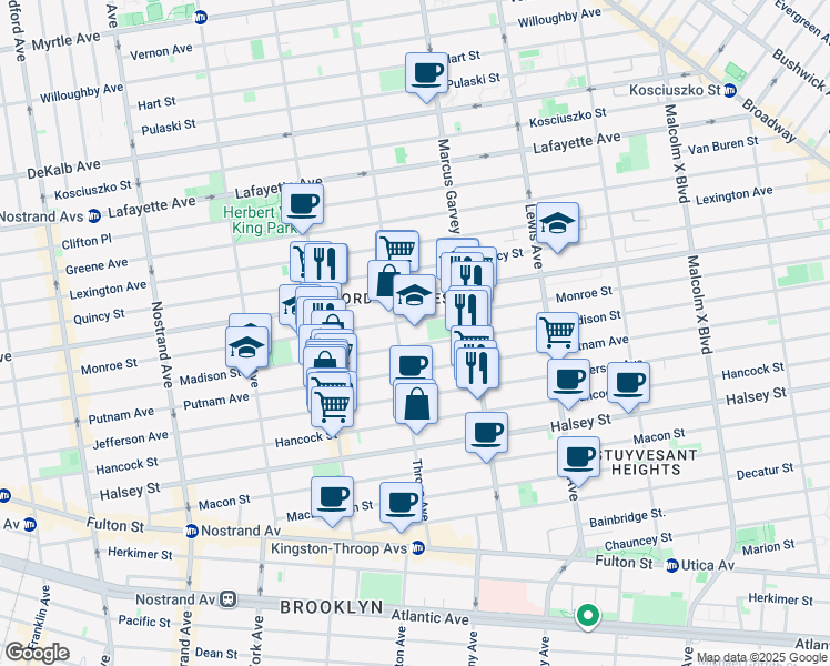 map of restaurants, bars, coffee shops, grocery stores, and more near 432 Monroe Street in Brooklyn