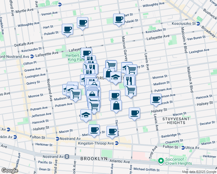 map of restaurants, bars, coffee shops, grocery stores, and more near 397 Madison Street in Brooklyn