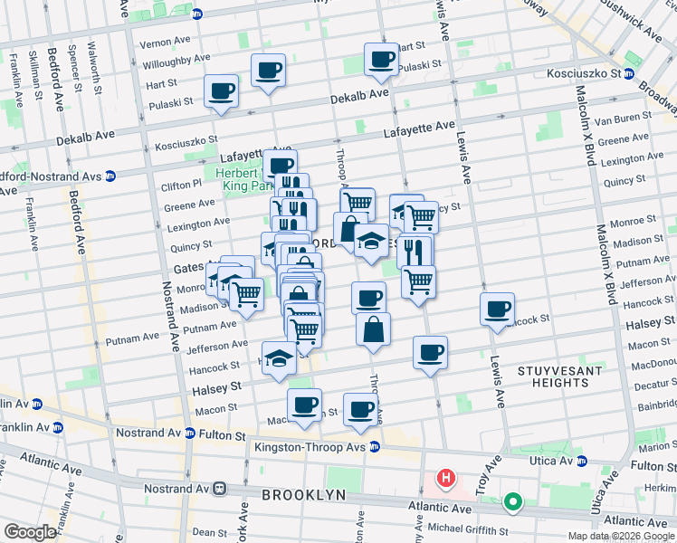 map of restaurants, bars, coffee shops, grocery stores, and more near 397 Madison Street in Brooklyn