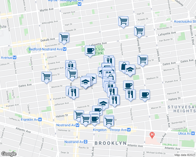 map of restaurants, bars, coffee shops, grocery stores, and more near 344 Monroe Street in Brooklyn