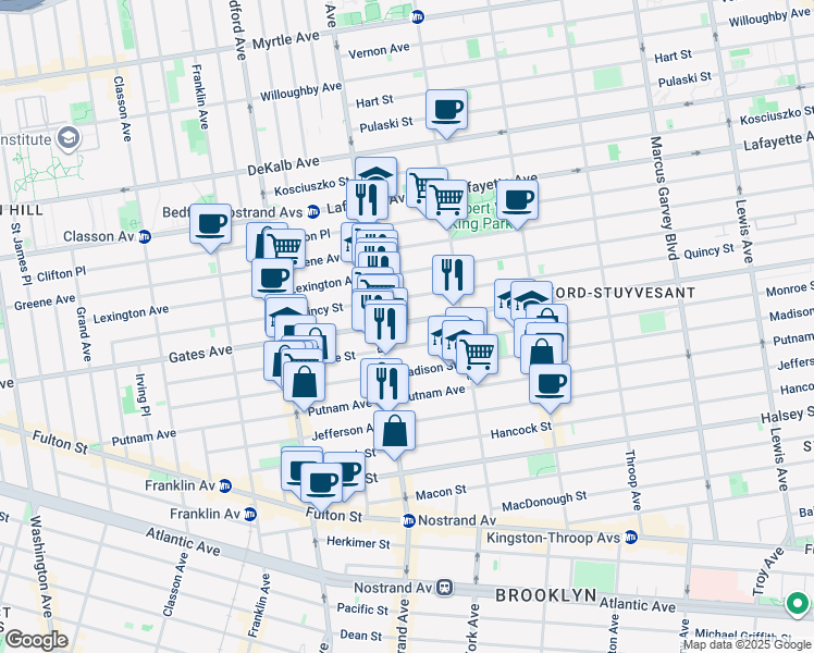 map of restaurants, bars, coffee shops, grocery stores, and more near 337 Nostrand Avenue in Brooklyn